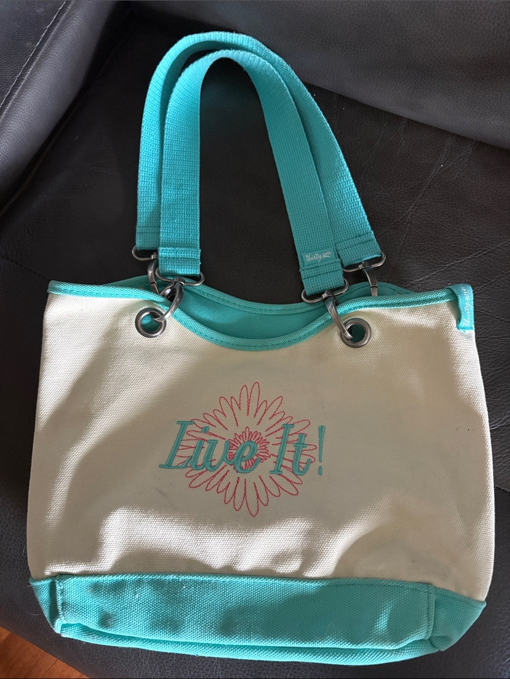 thirty-one Teal and Cream Canvas Tote with "Live It!" Embroidery